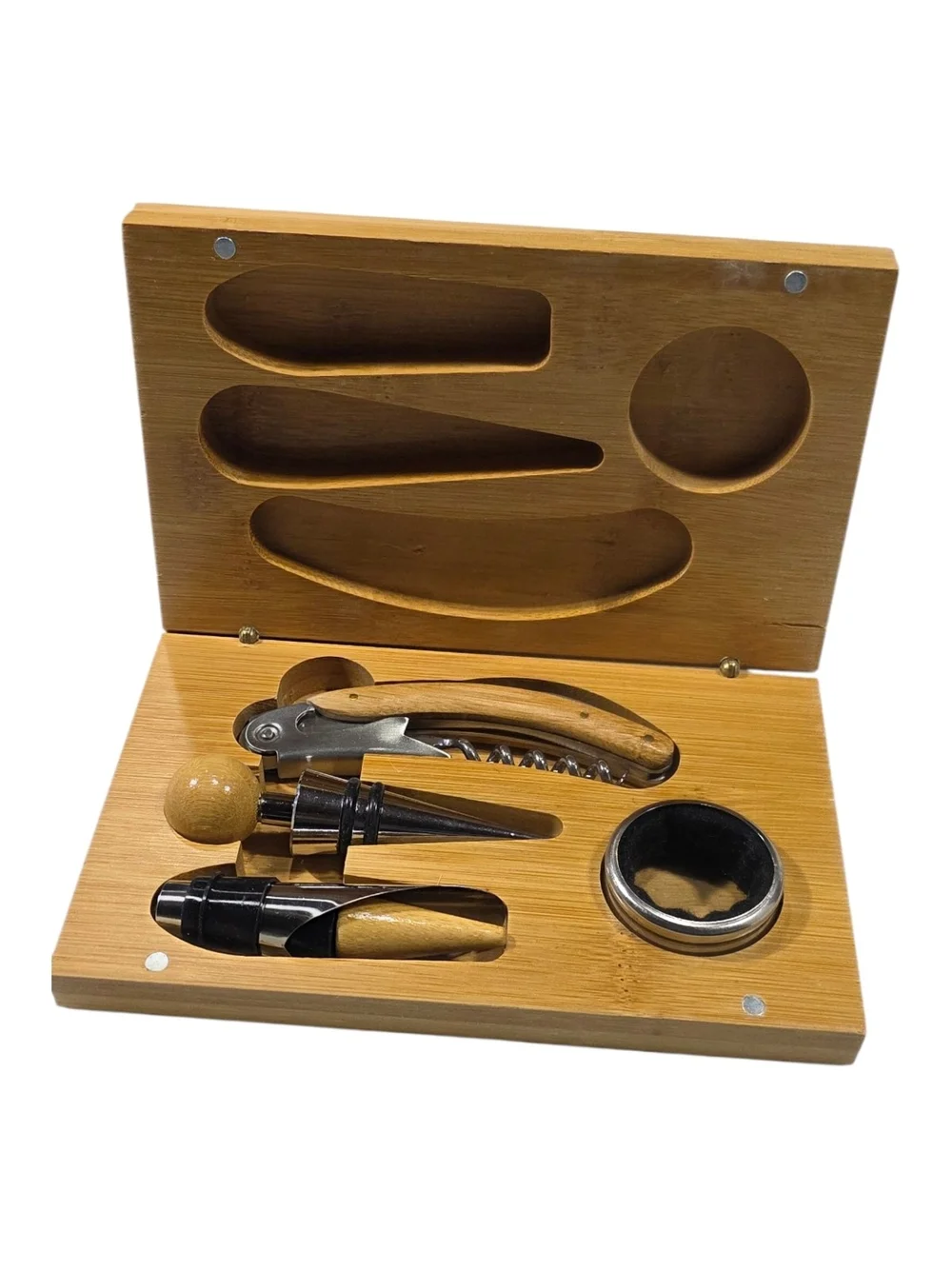 Pongo Bamboo Wine Tool Gift Set Corkscrew Stopper Drip Ring 4 Piece New